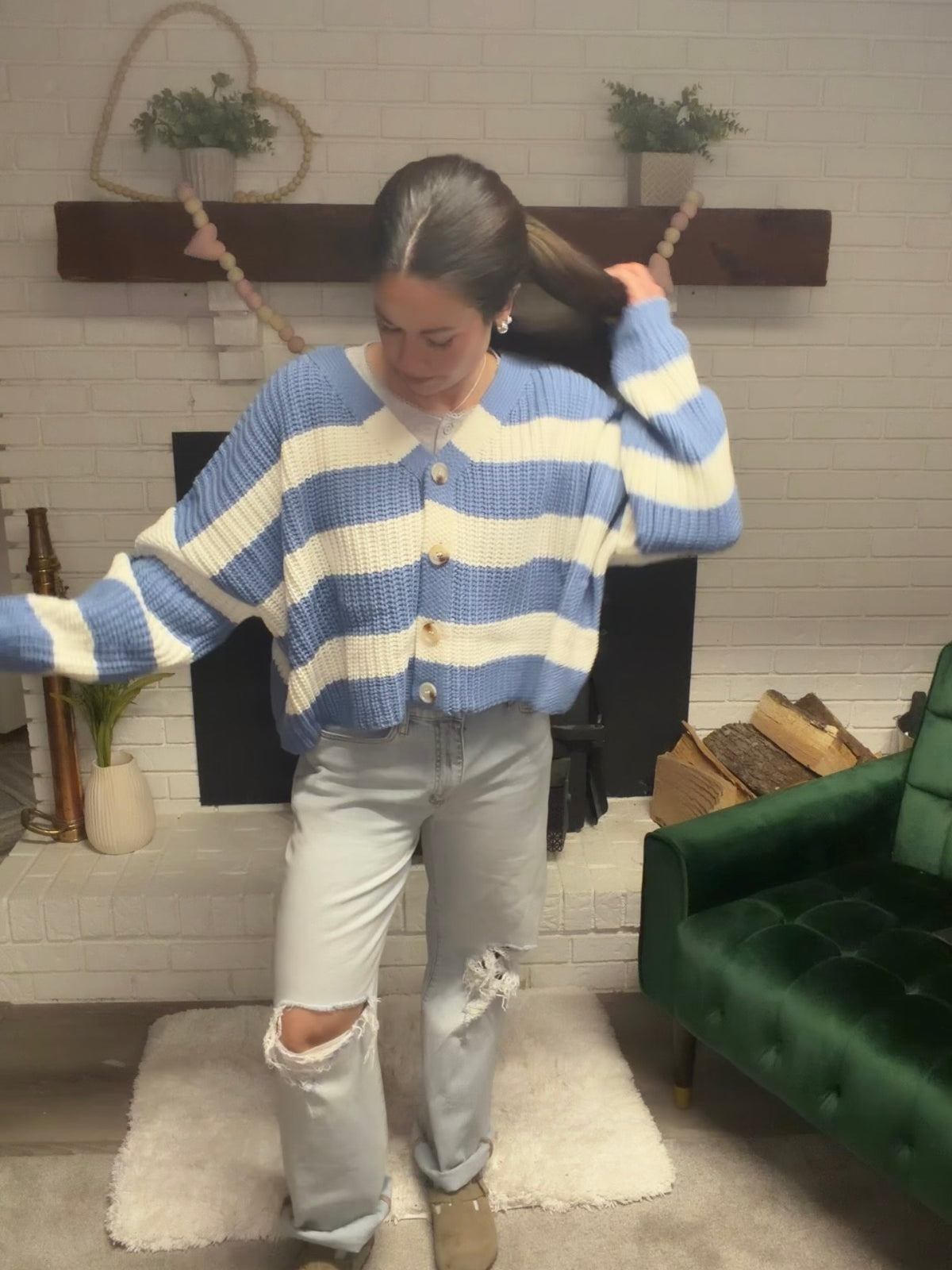 Dusty Blue Striped V-Neck Cardigan