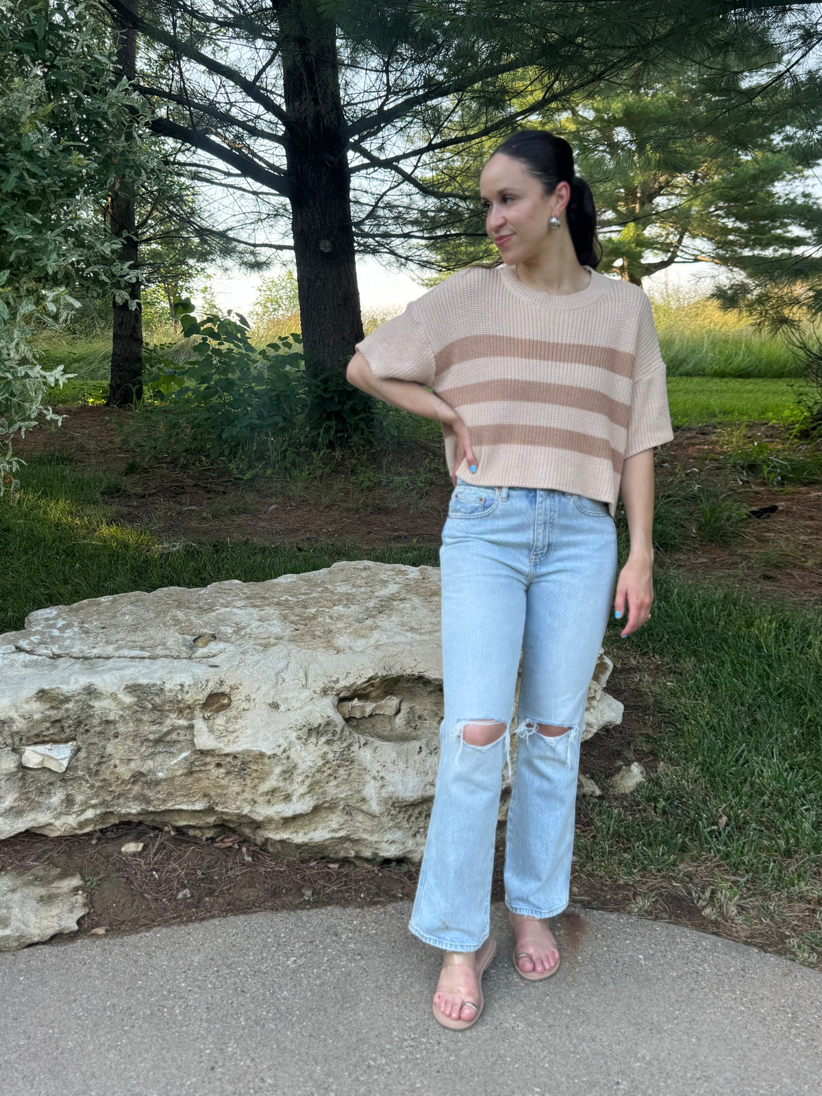 Beige & Brown Striped Short Sleeve Sweater
