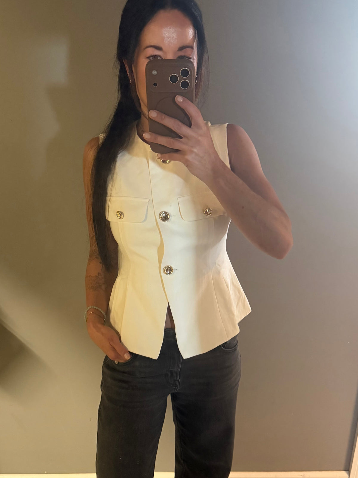 Cream Gold Button Detail Vest