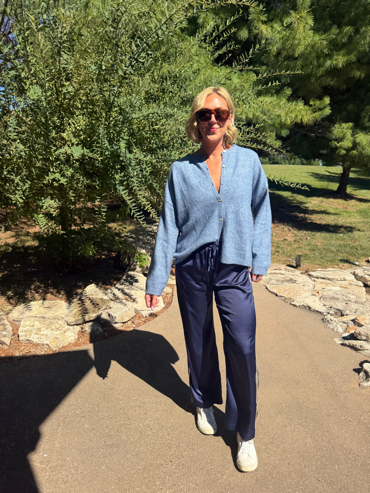 Navy with Cream Stripe Track Pants