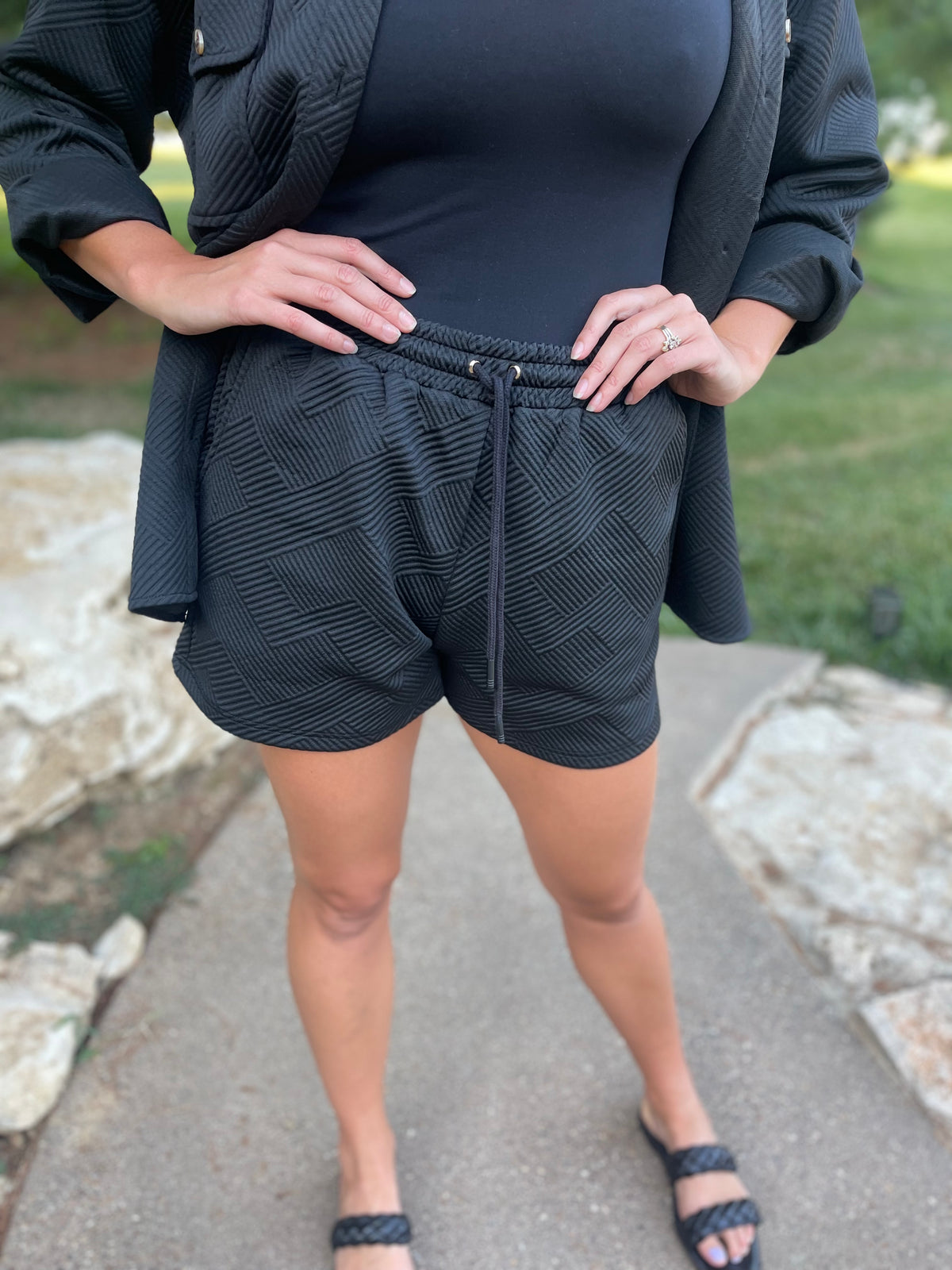 Black Jacquard Knit Drawstring Short