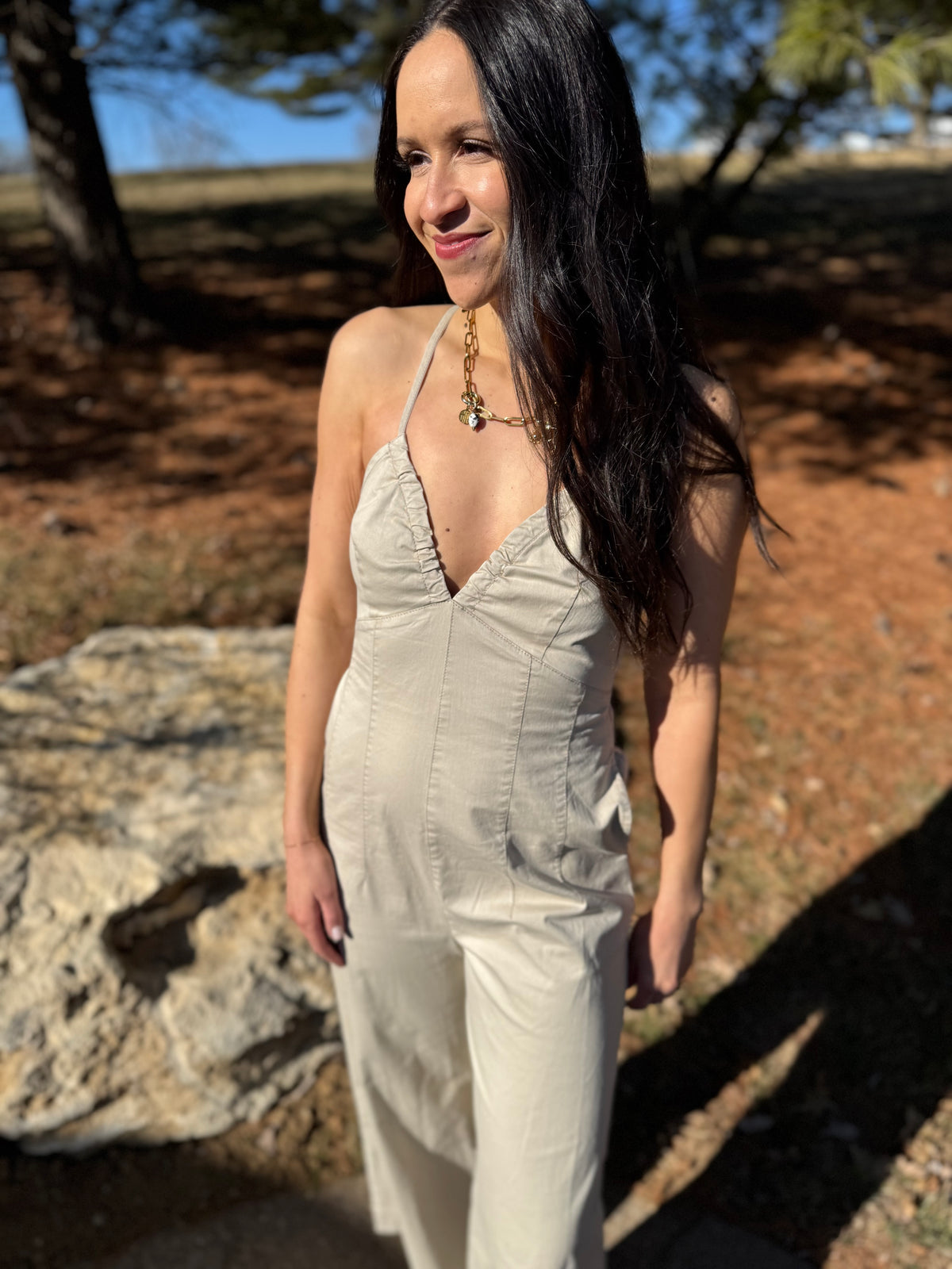 Tan Deep V Cross Tie Back Jumpsuit