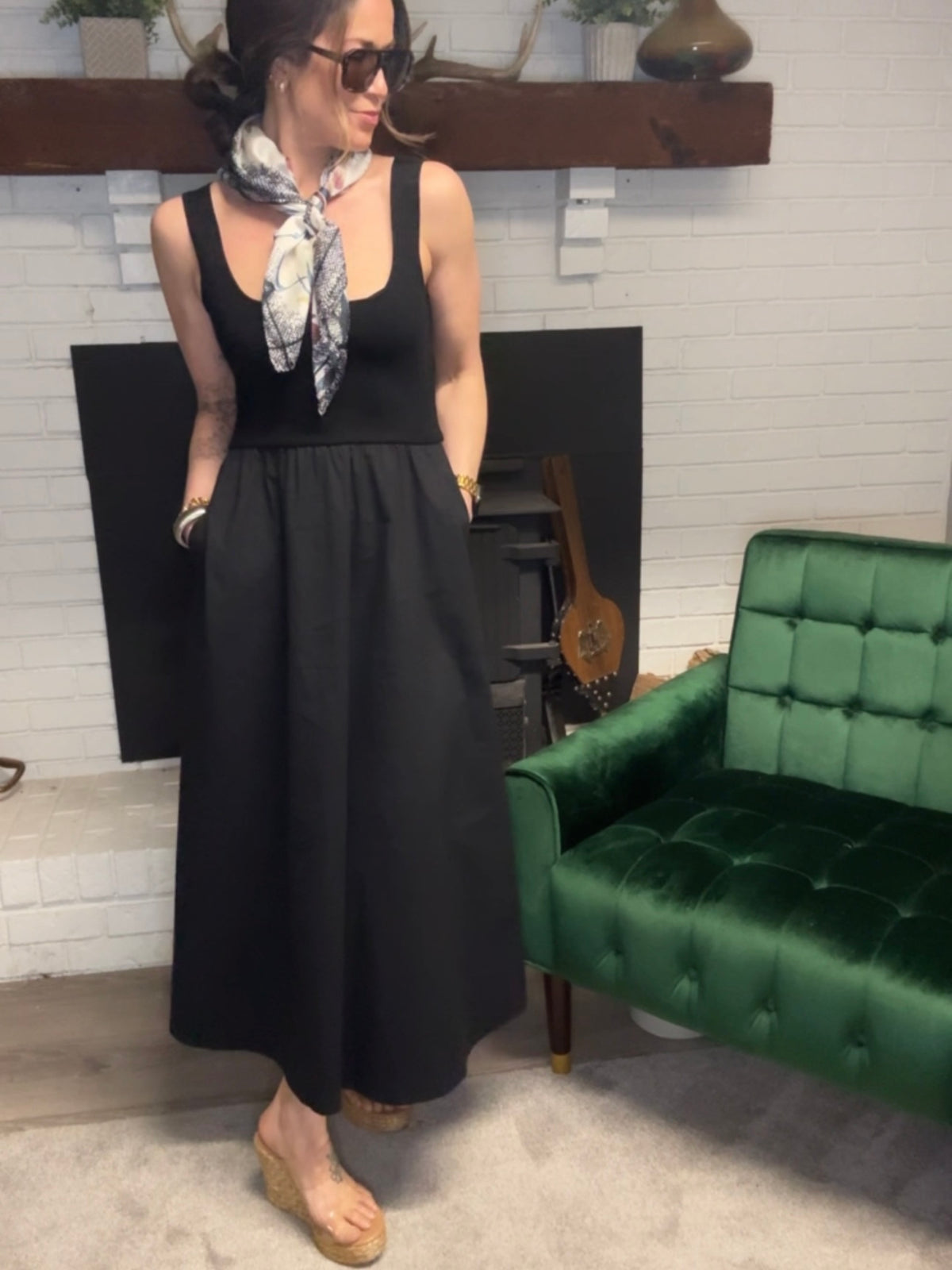 Black Knit Bodice Midi Dress