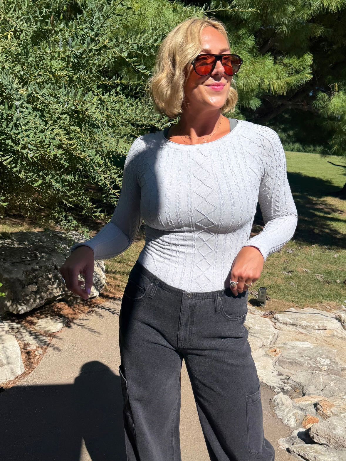 Grey Textured Long Sleeve Fitted Top