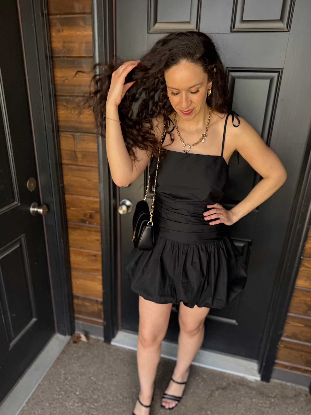 Black Tie Shoulder Bubble Hem Dress