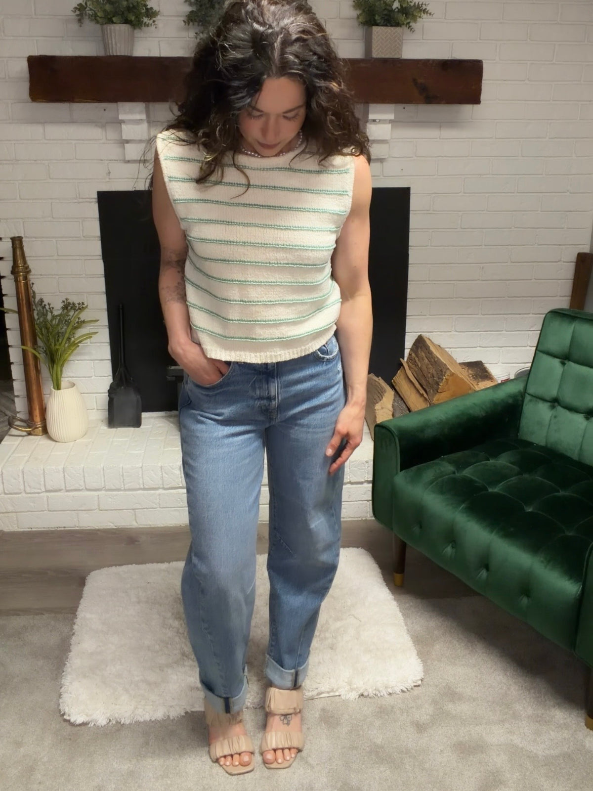 Cream & Green Striped Low Back Sleeveless Sweater