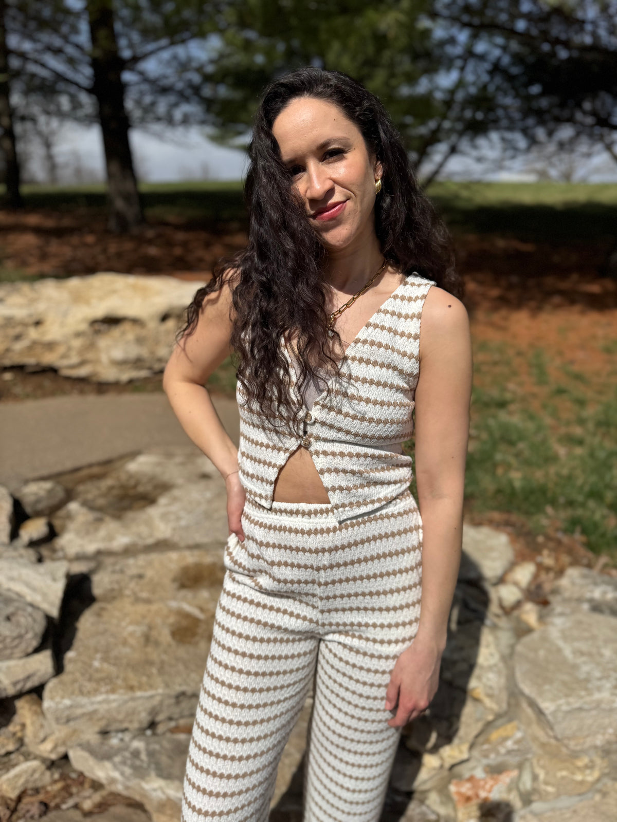Taupe Stripe Knit Wide Leg Pants