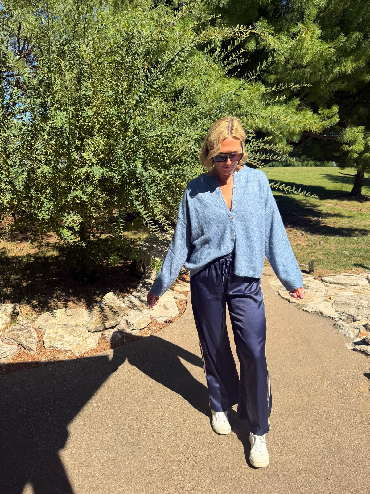 Navy with Cream Stripe Track Pants
