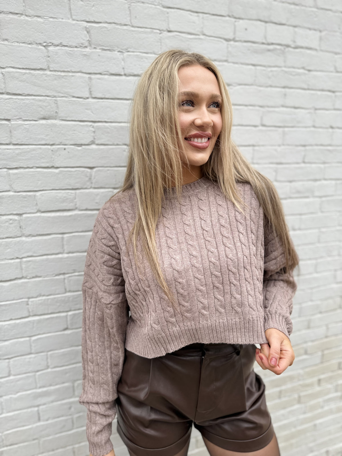 Mocha Cropped Cable Knit Sweater