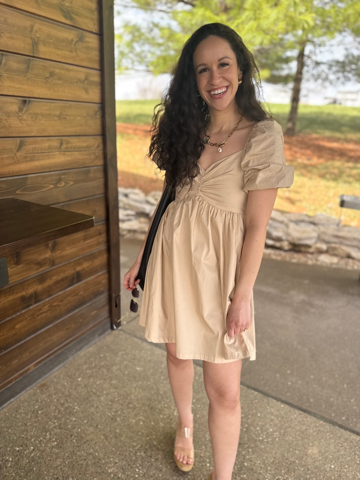Tan Balloon Sleeve Mini Dress
