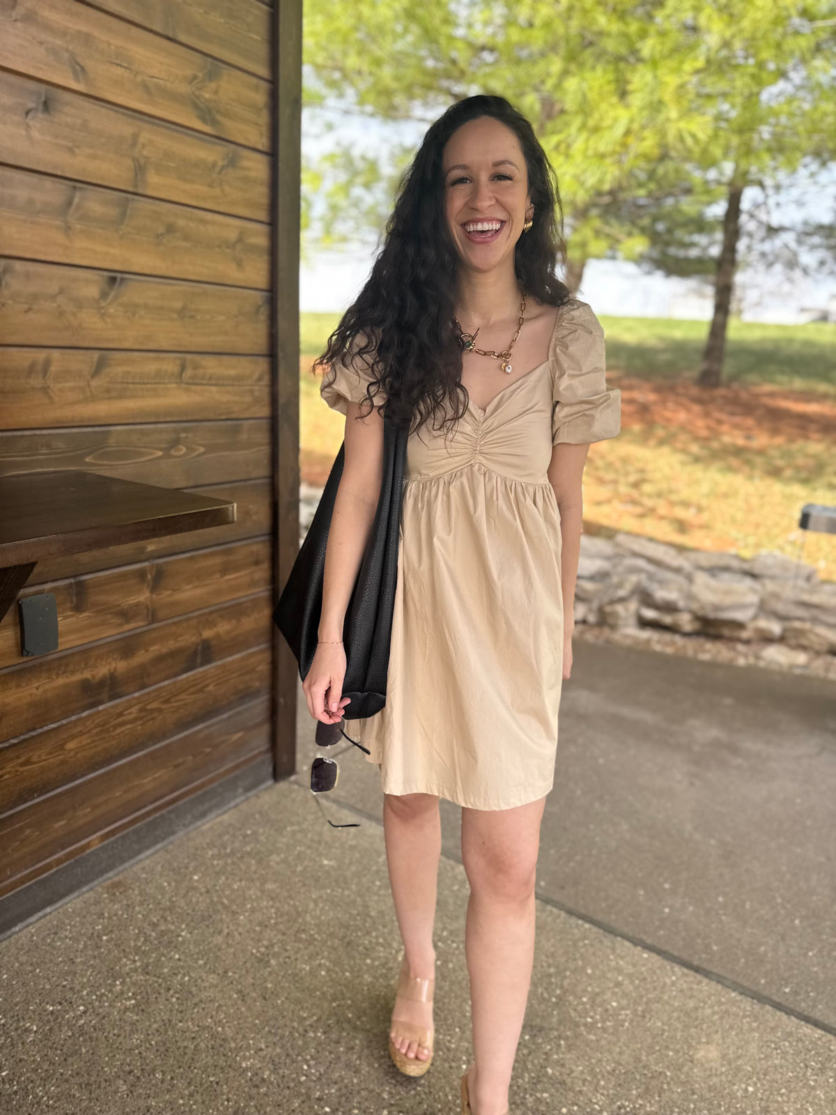 Tan Balloon Sleeve Mini Dress