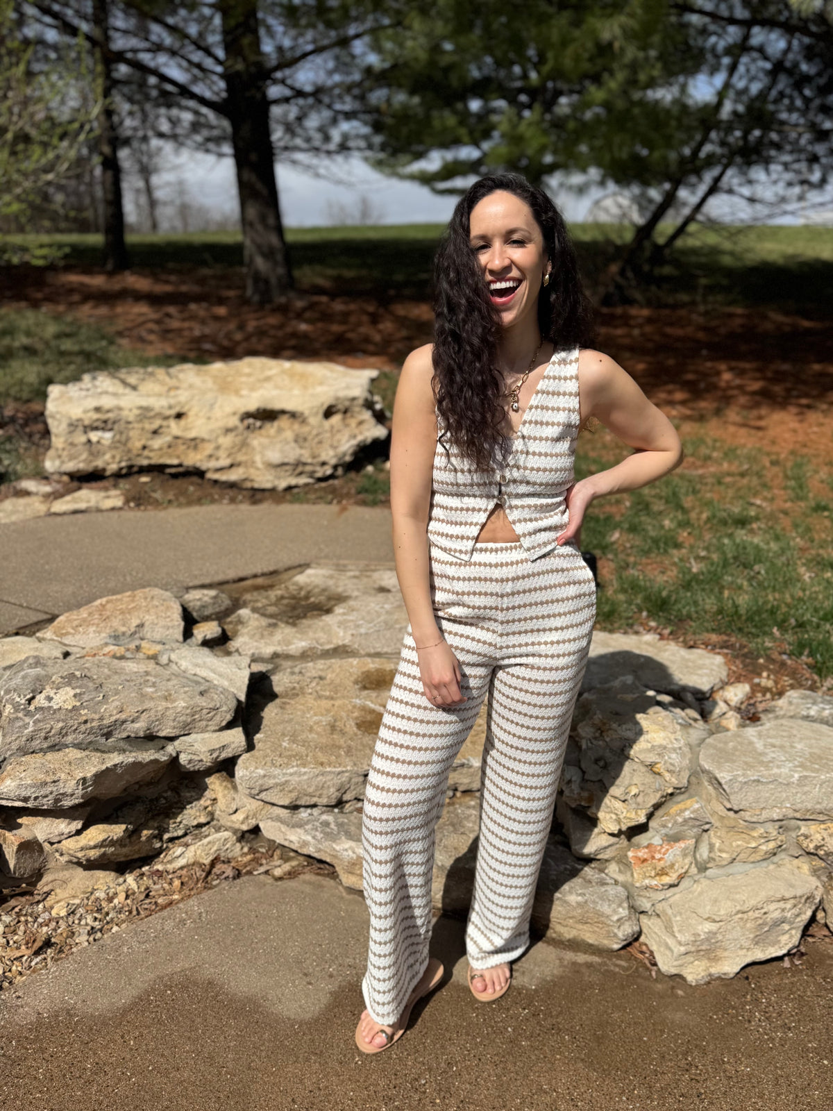 Taupe Stripe Knit Wide Leg Pants