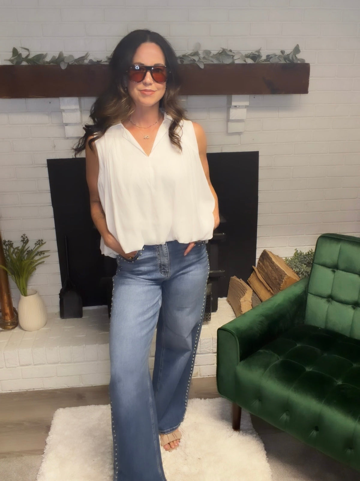 High Rise Studded Wide Leg Jeans