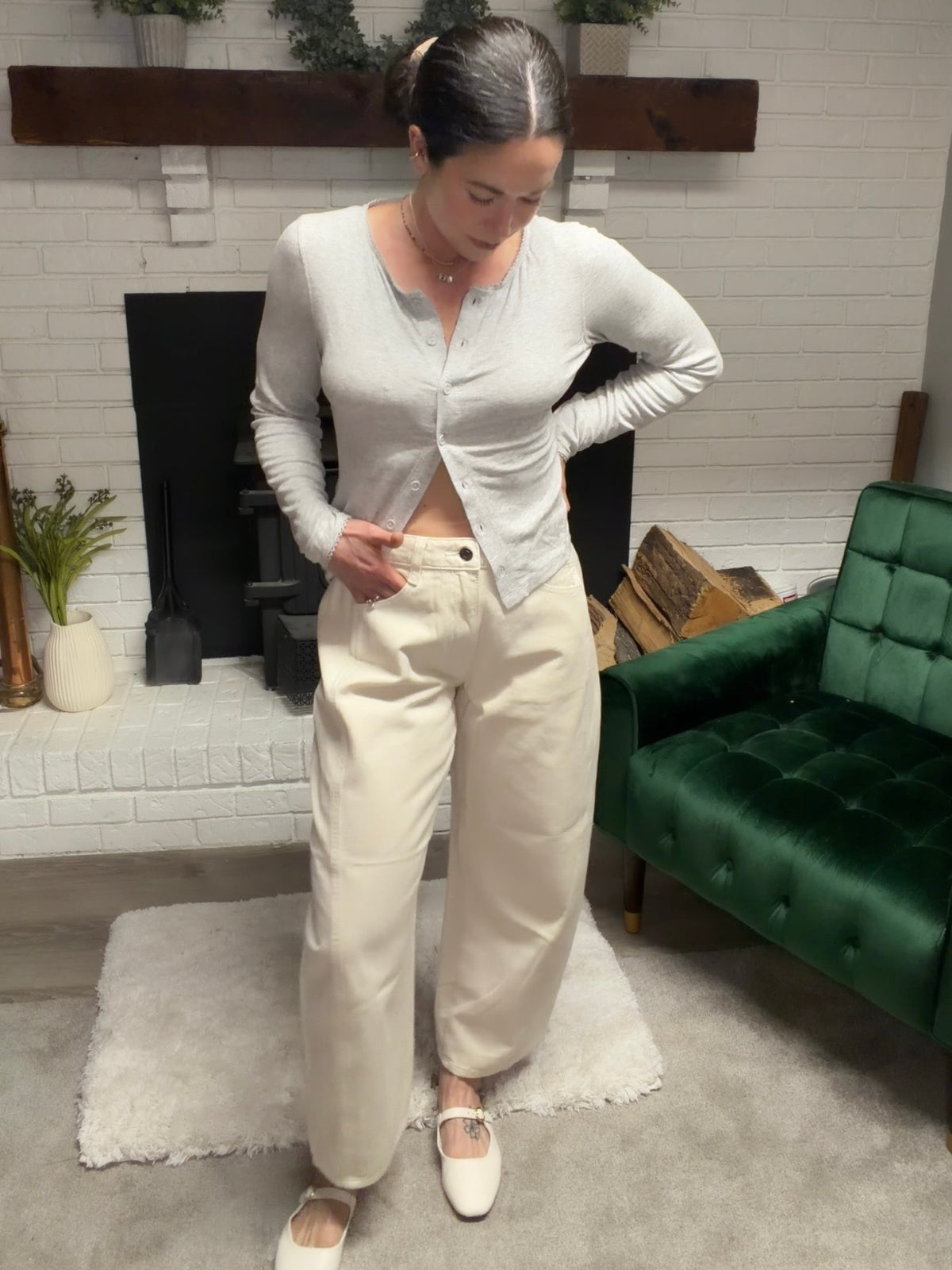 Ivory Mid Waist Barrel Leg Jeans