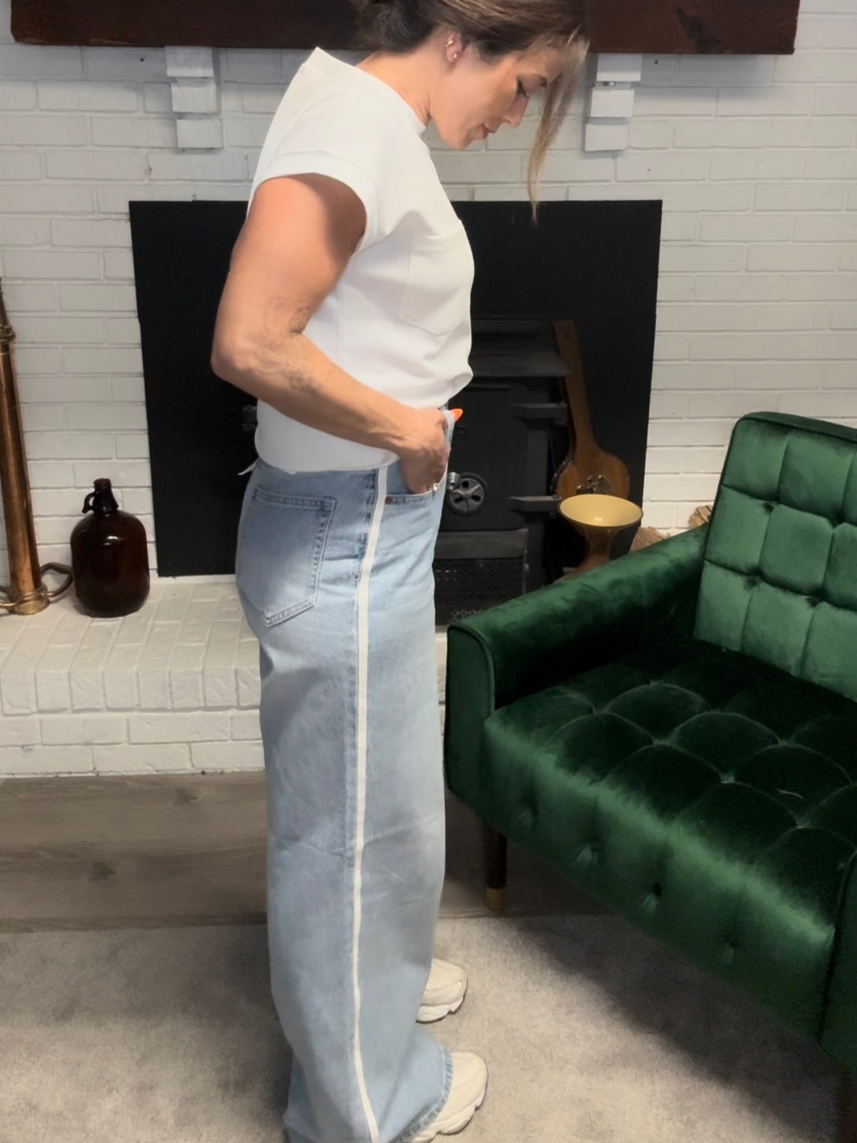 Wide Leg White Side Seam Detail Jeans