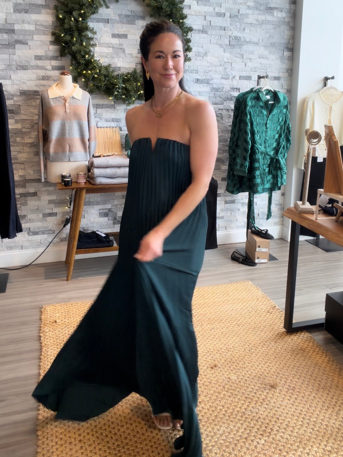 Emerald Green Strapless Pleated Maxi Dress