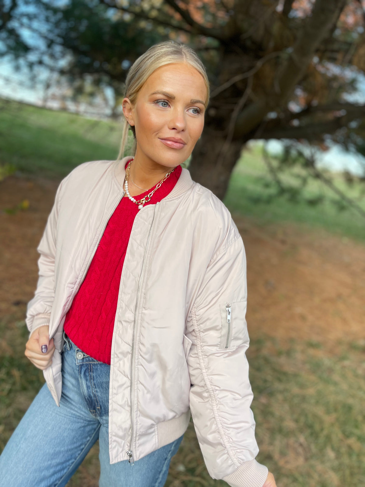 Cream Ruched Sleeve Bomber Jacket