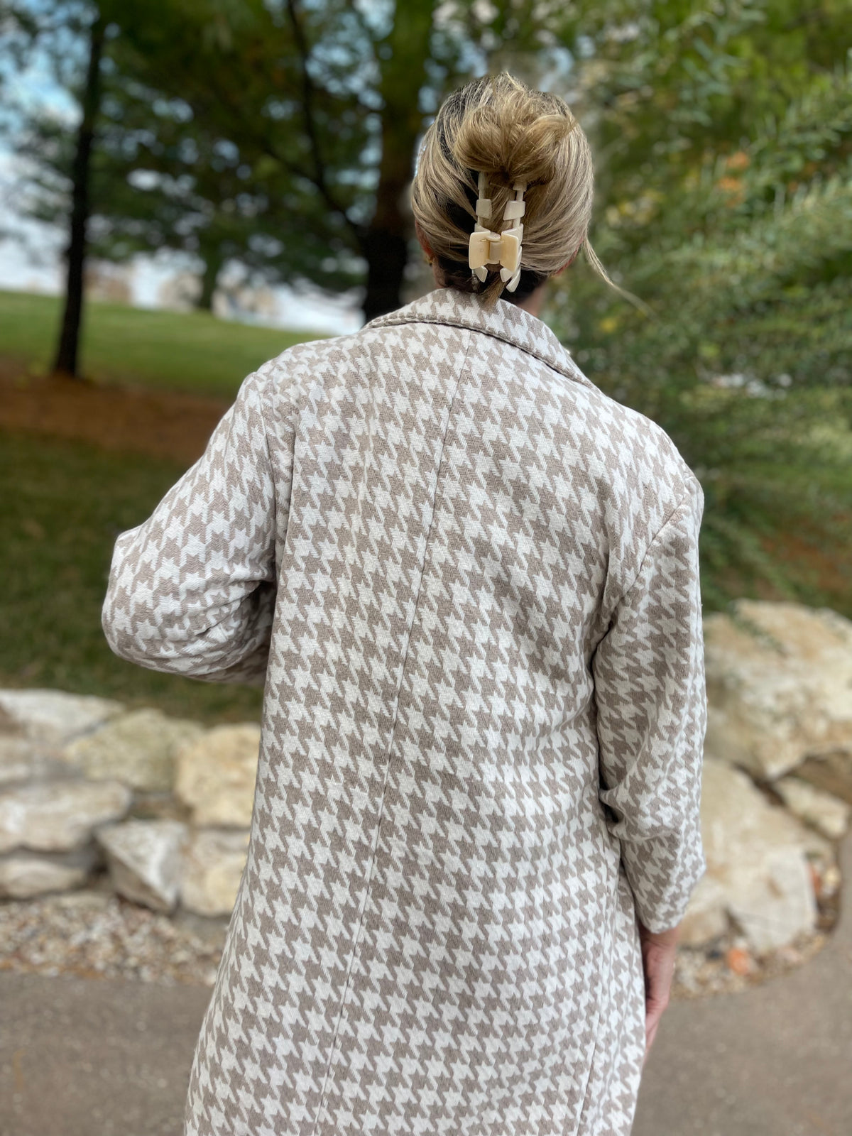 Taupe & Ivory Houndstooth Long Coat