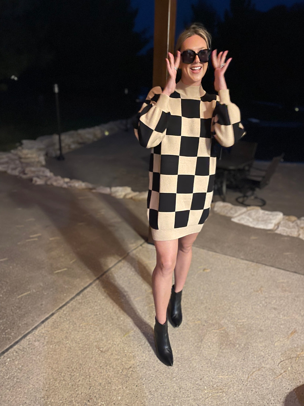 Checkered Mock Neck Sweater Dress