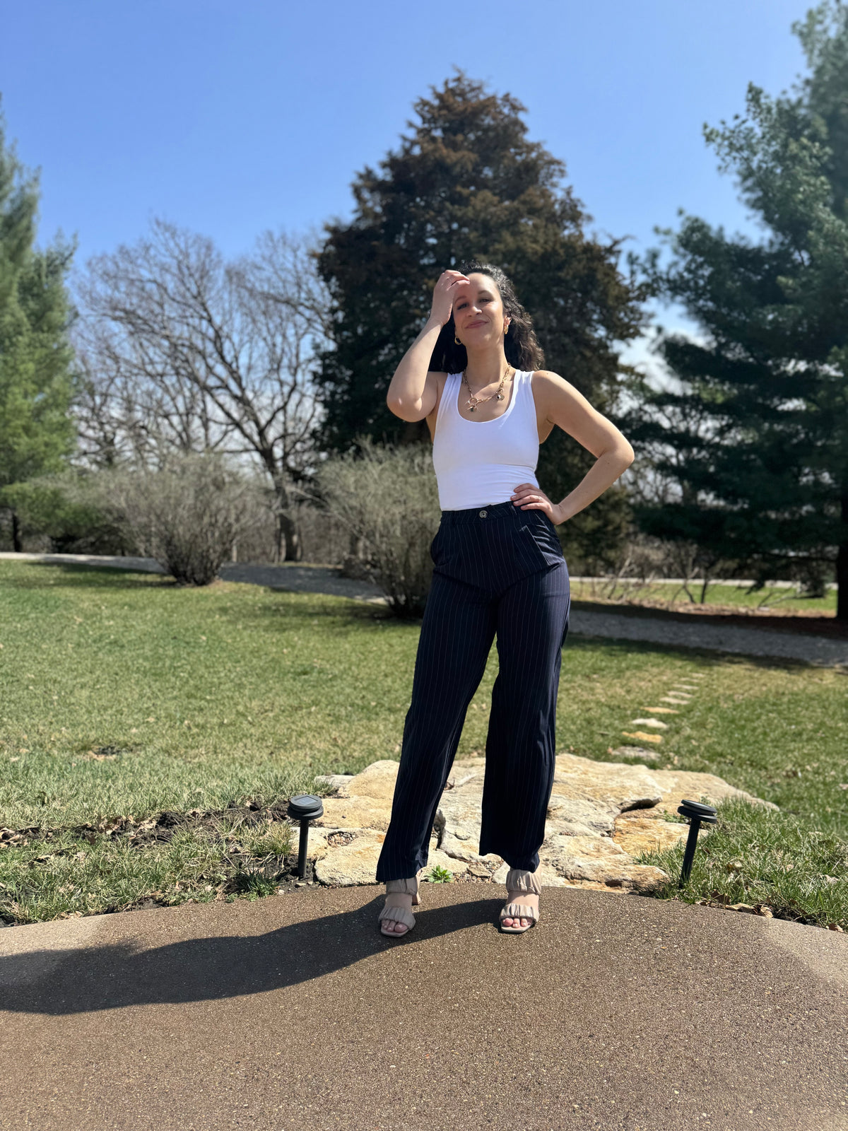 Navy Pinstripe Trousers