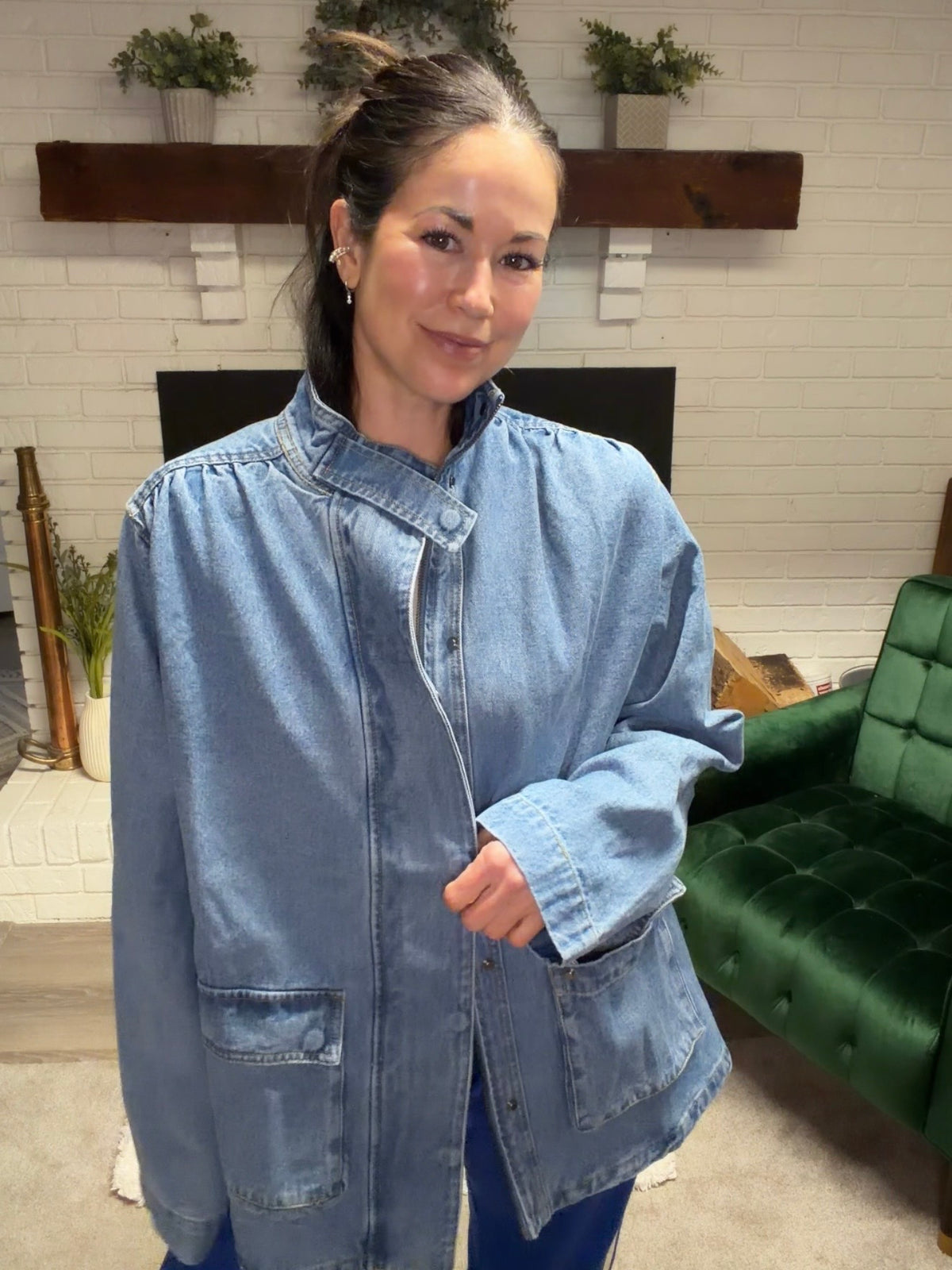 Shirring Detail Work Wear Denim Jacket
