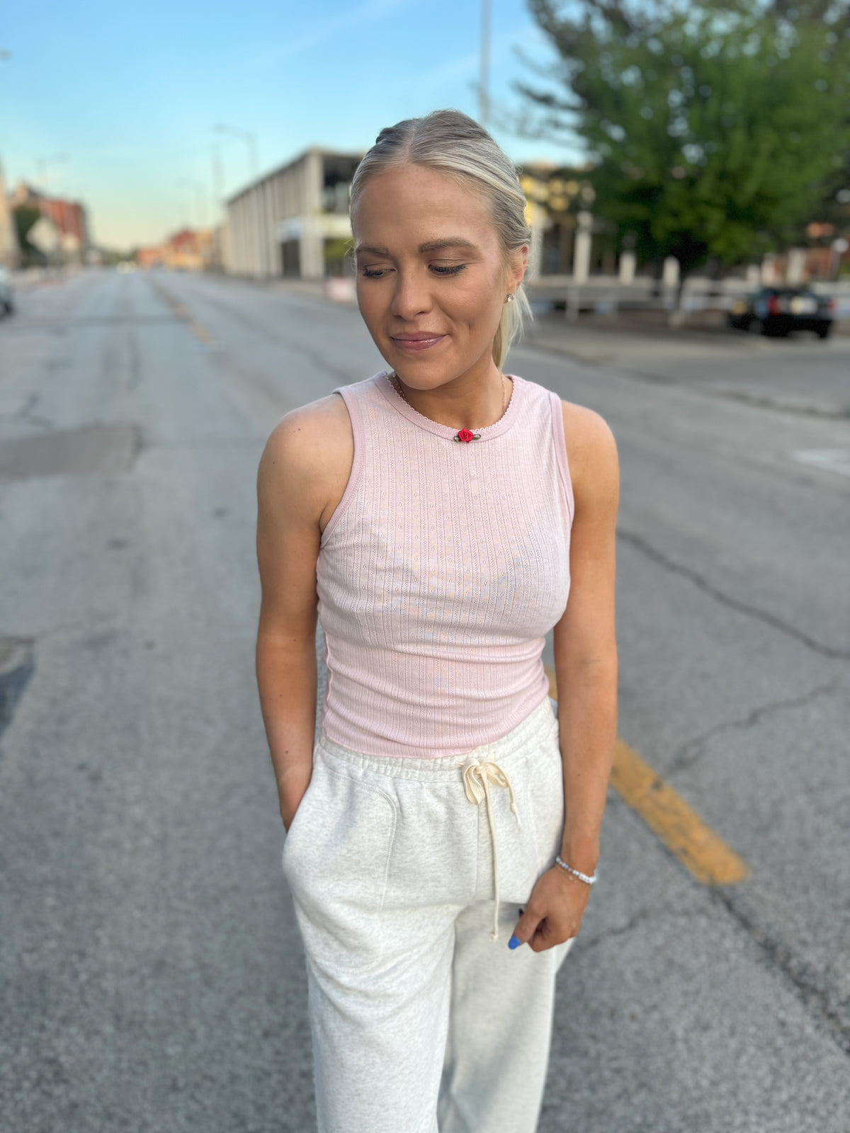 Pink Rosette Detailed Tank Top