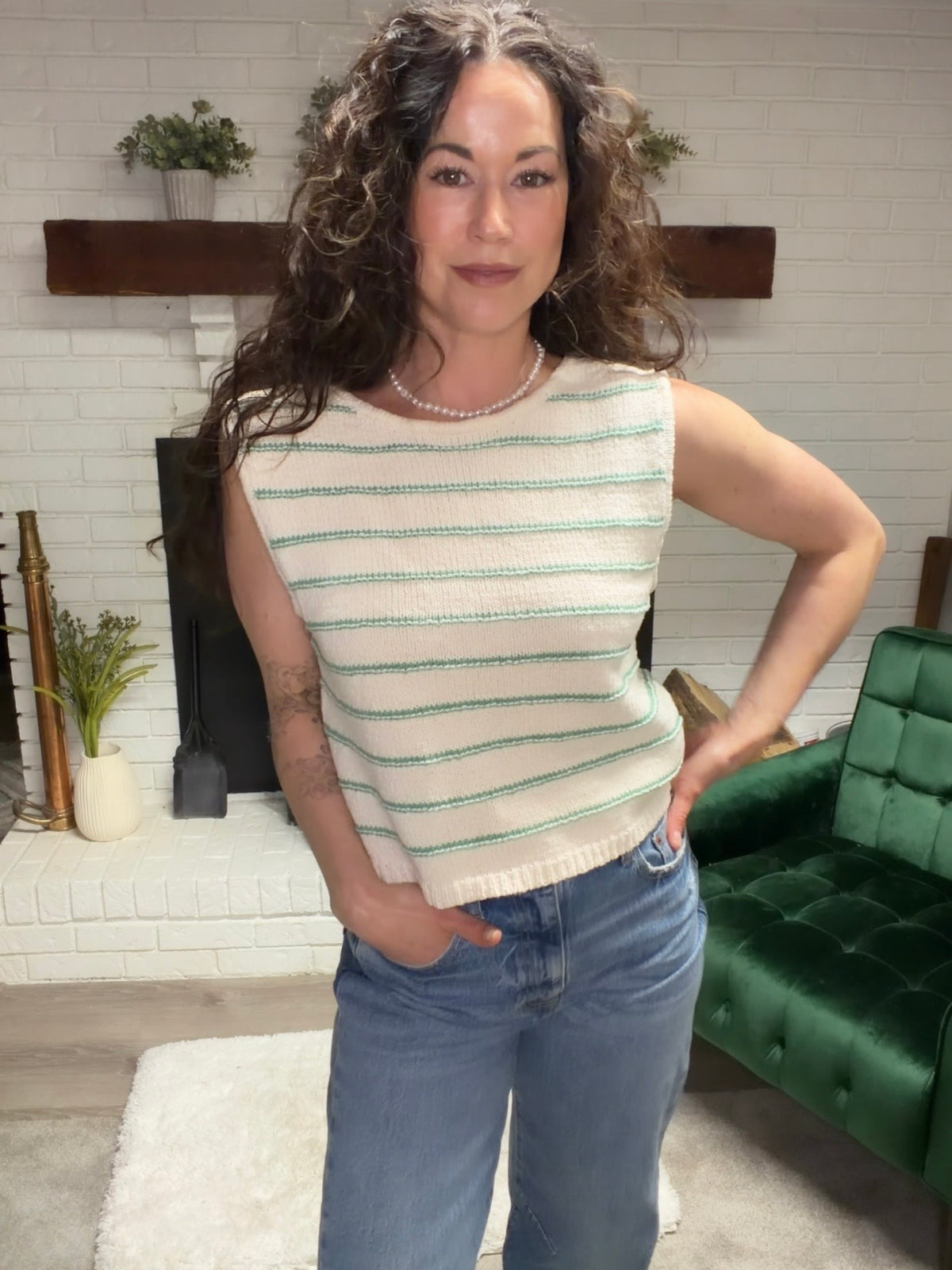Cream & Green Striped Low Back Sleeveless Sweater