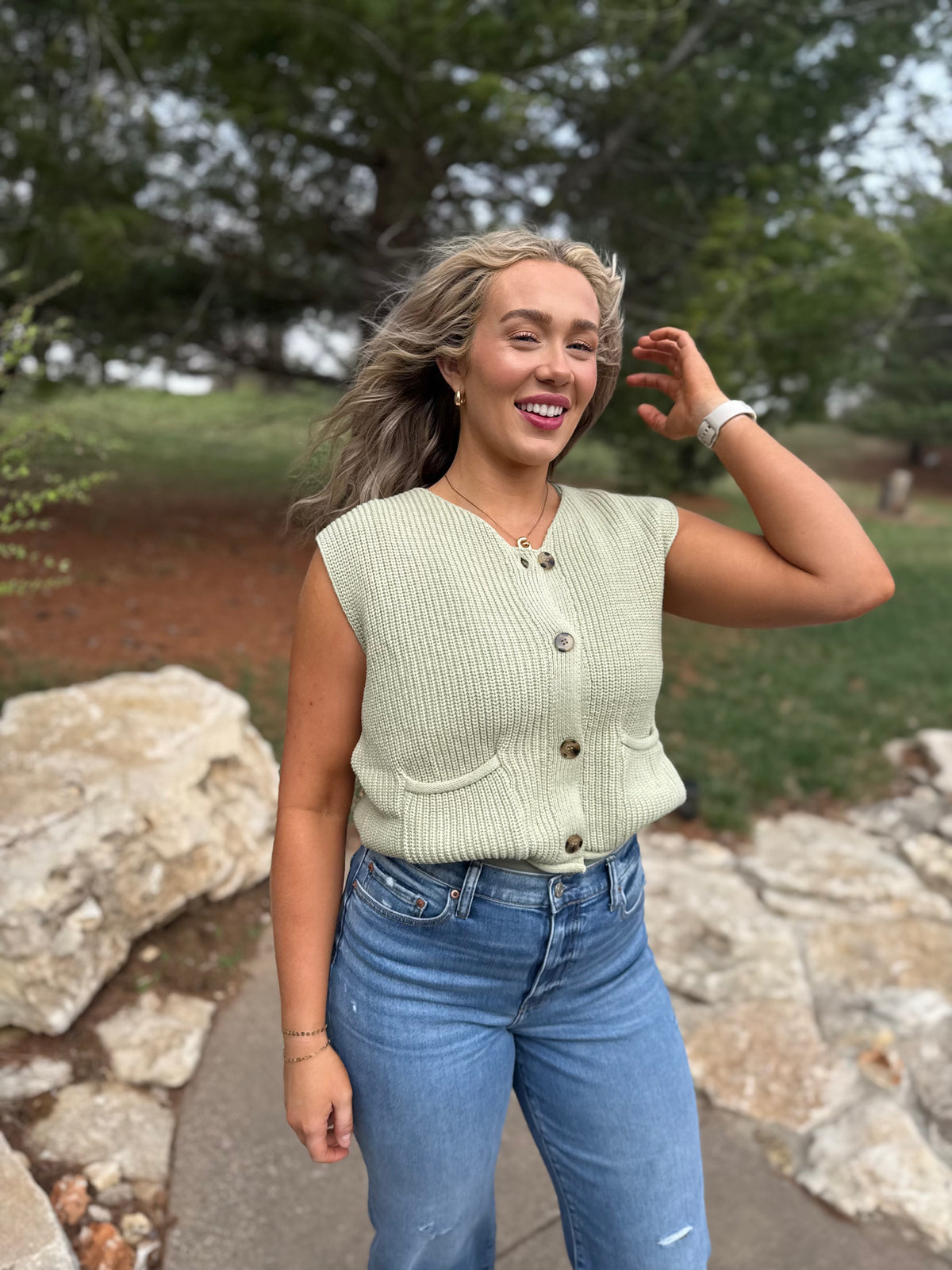 Light Green Button Front Sweater Vest