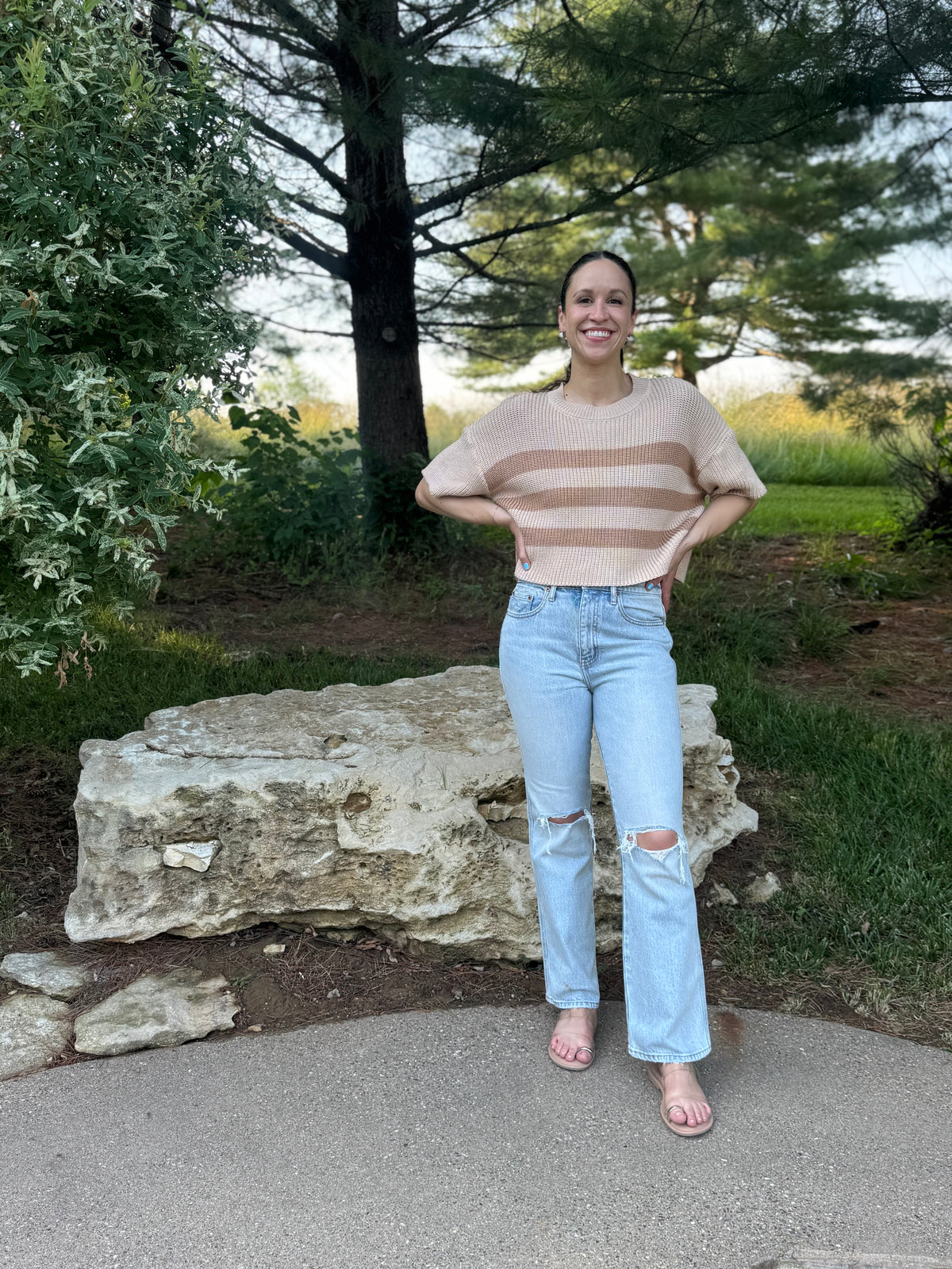 Beige & Brown Striped Short Sleeve Sweater