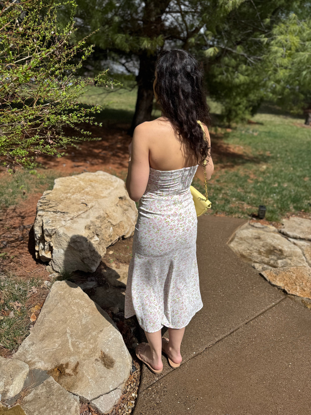 Pink Floral Print Strapless Midi Dress