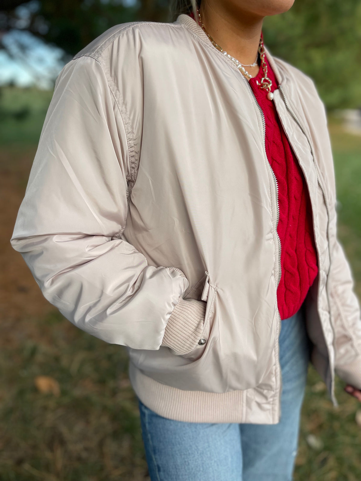 Cream Ruched Sleeve Bomber Jacket