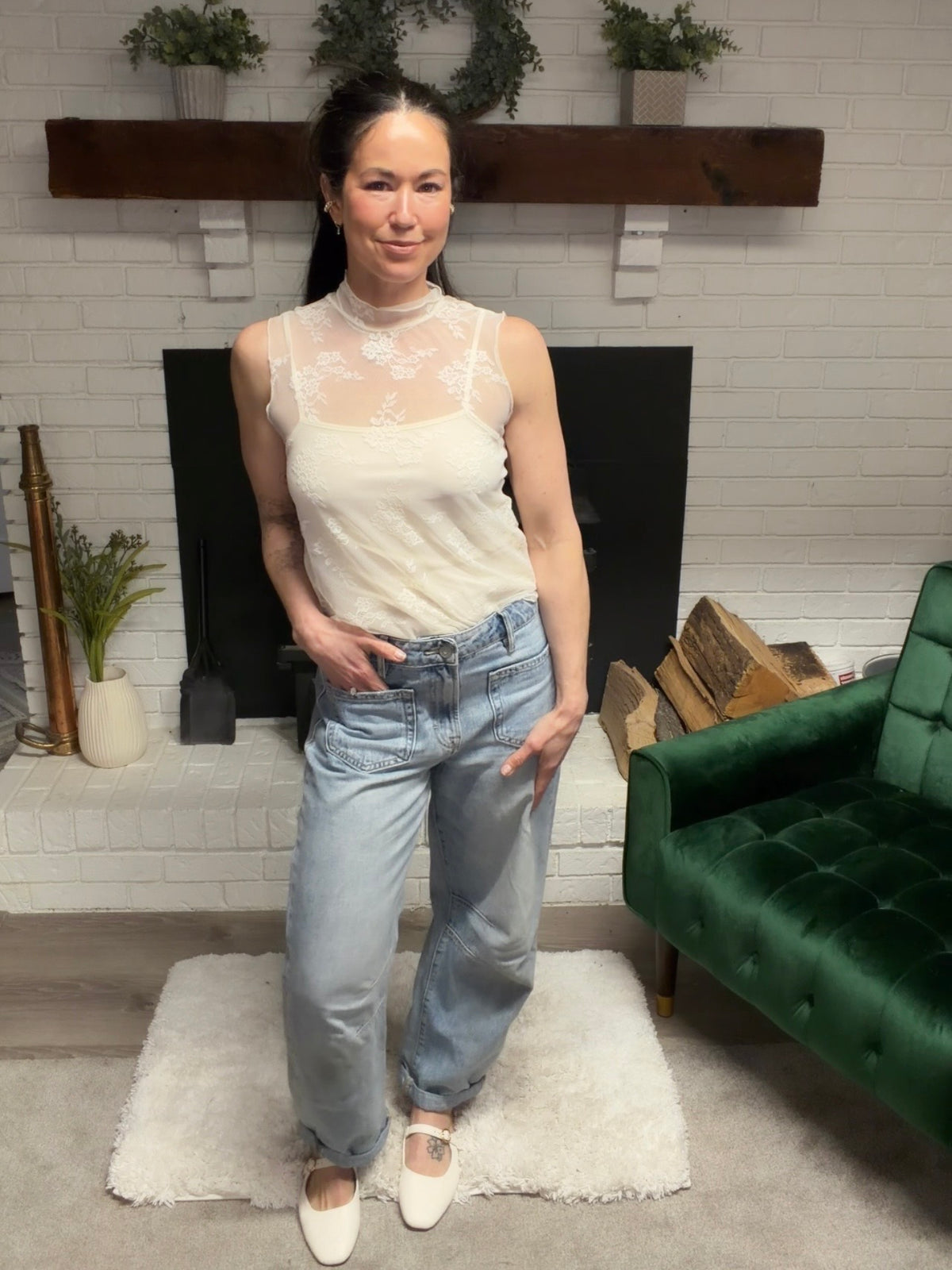 Cream Lace Overlay Sleeveless Top