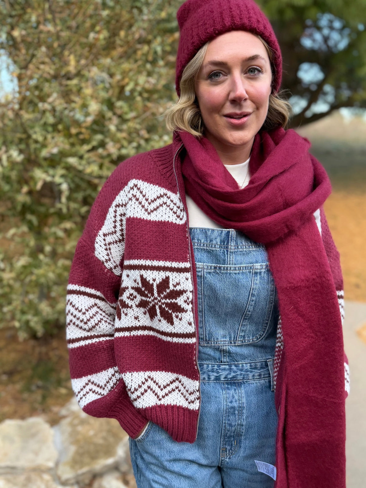 Burgundy Zip Front Fair Isle Sweater