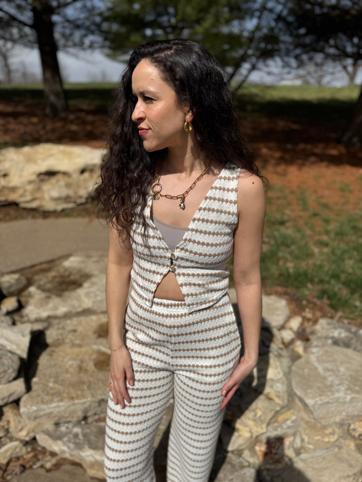 Taupe Stripe Knit Wide Leg Pants
