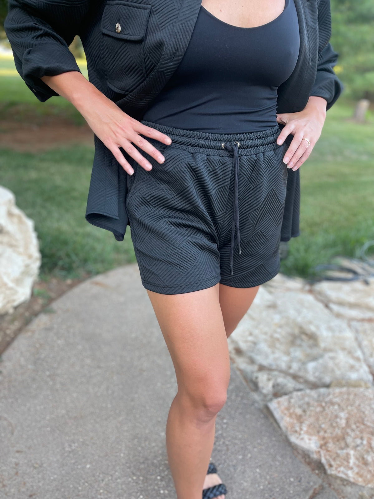 Black Jacquard Knit Drawstring Short