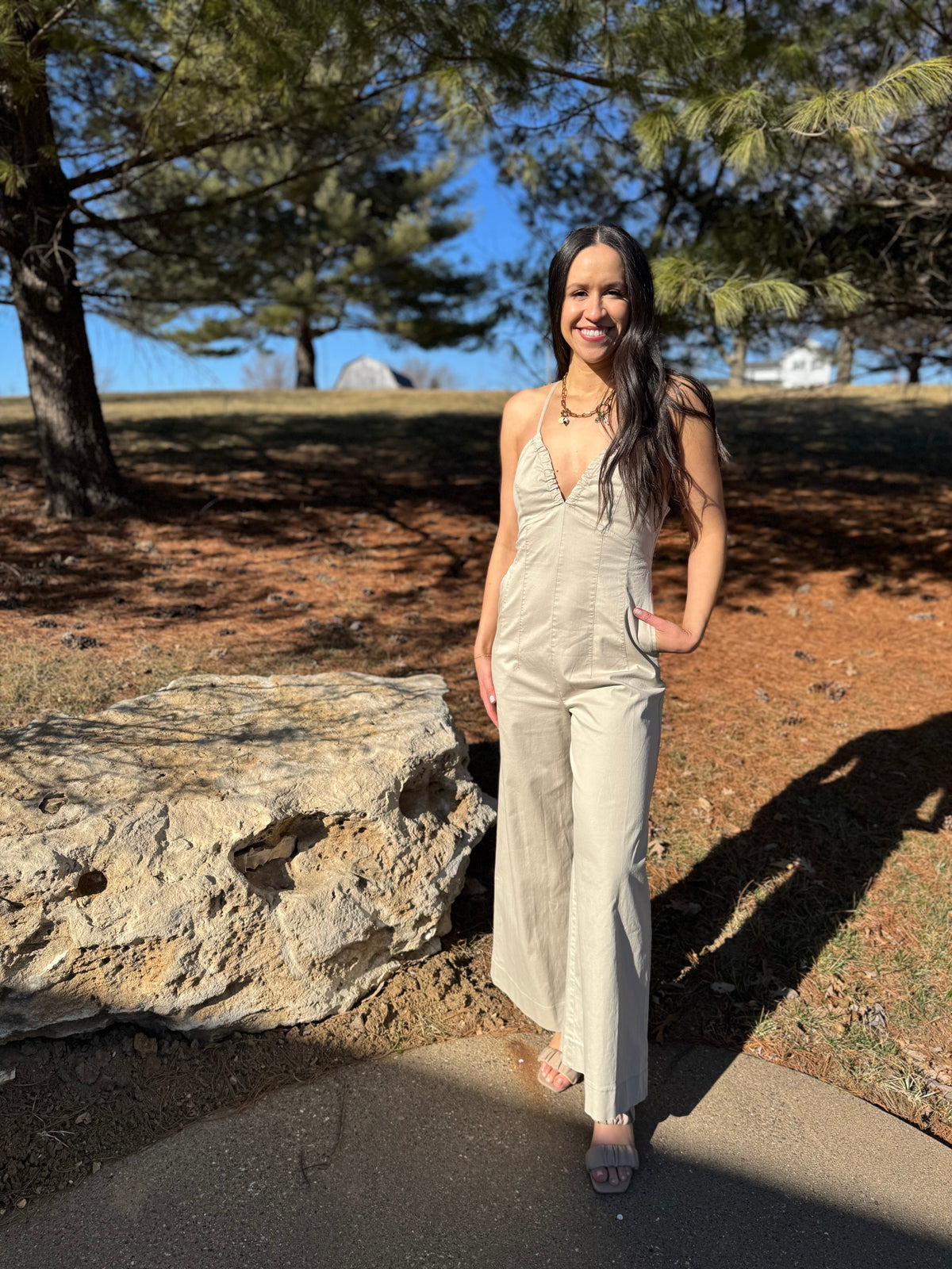 Tan Deep V Cross Tie Back Jumpsuit