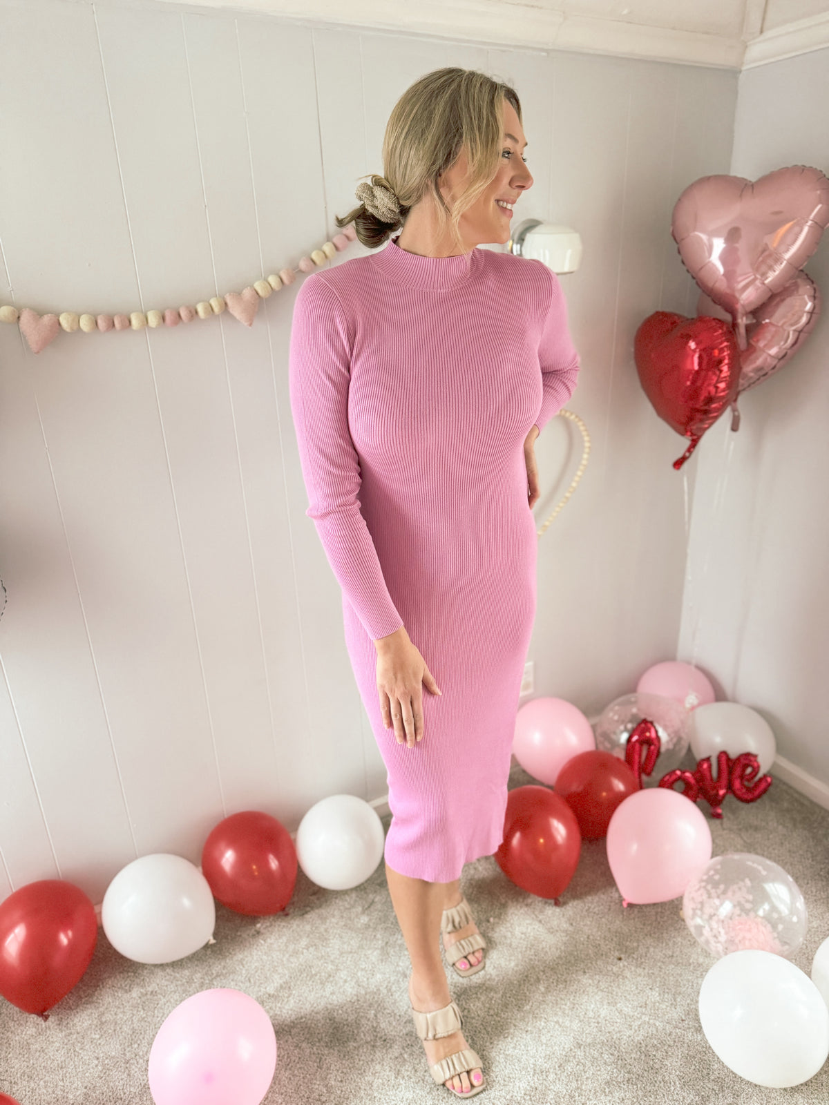 Pink Side Slit Fitted Midi Dress