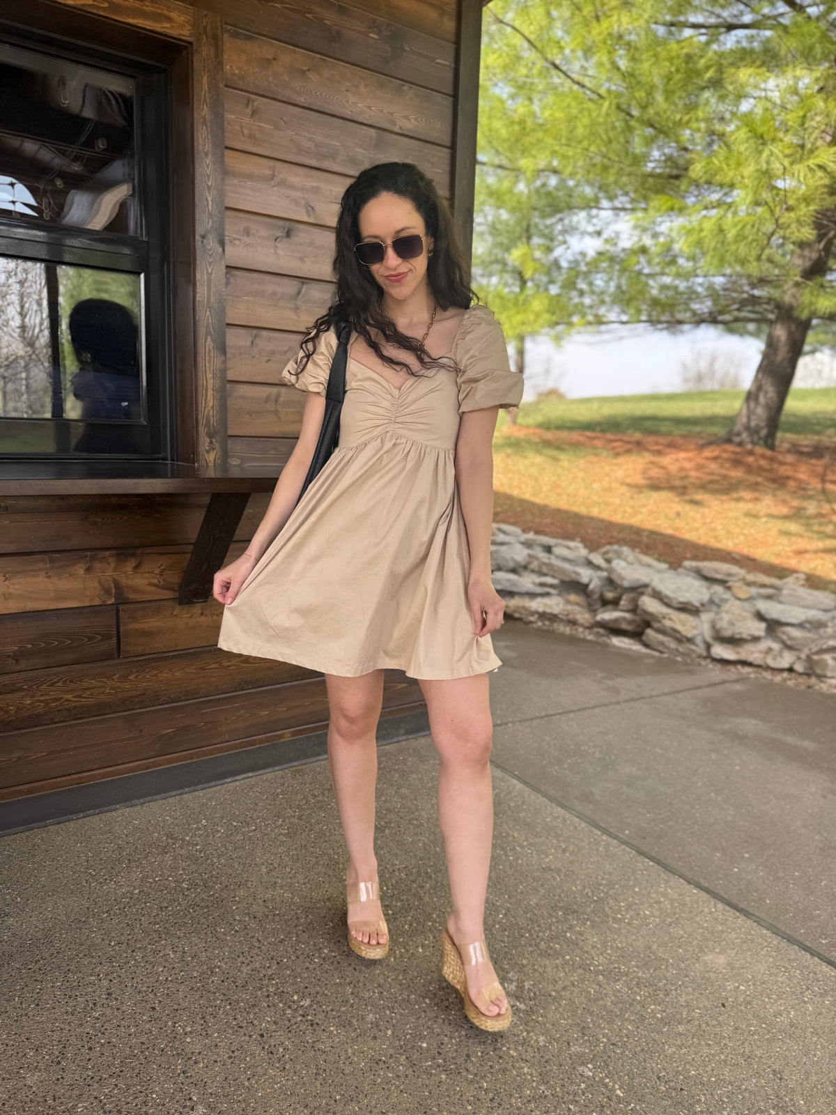 Tan Balloon Sleeve Mini Dress