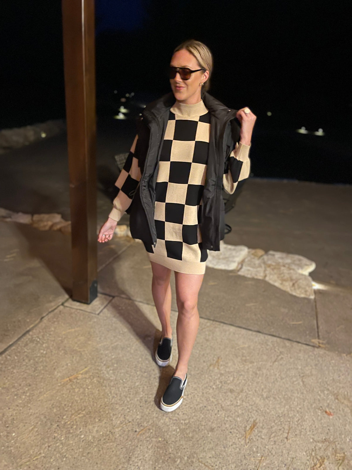 Checkered Mock Neck Sweater Dress