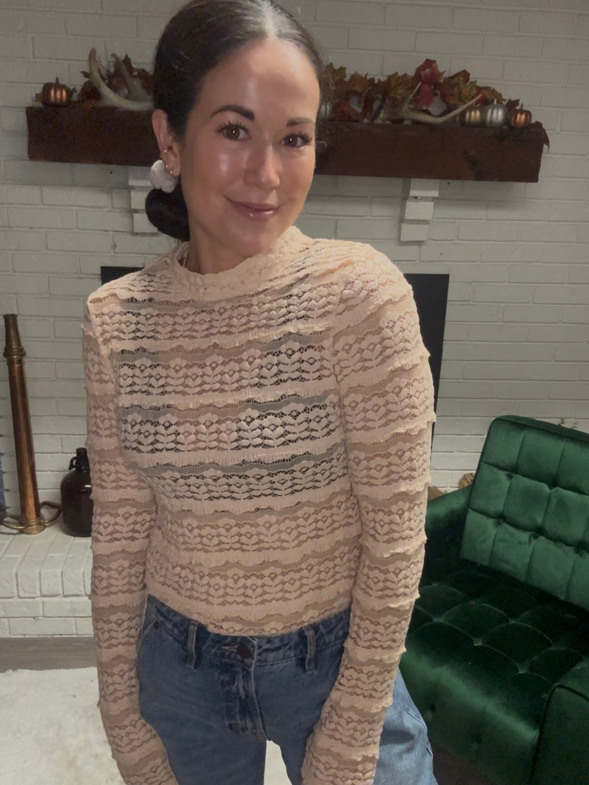 Beige Long Sleeve Lace Top