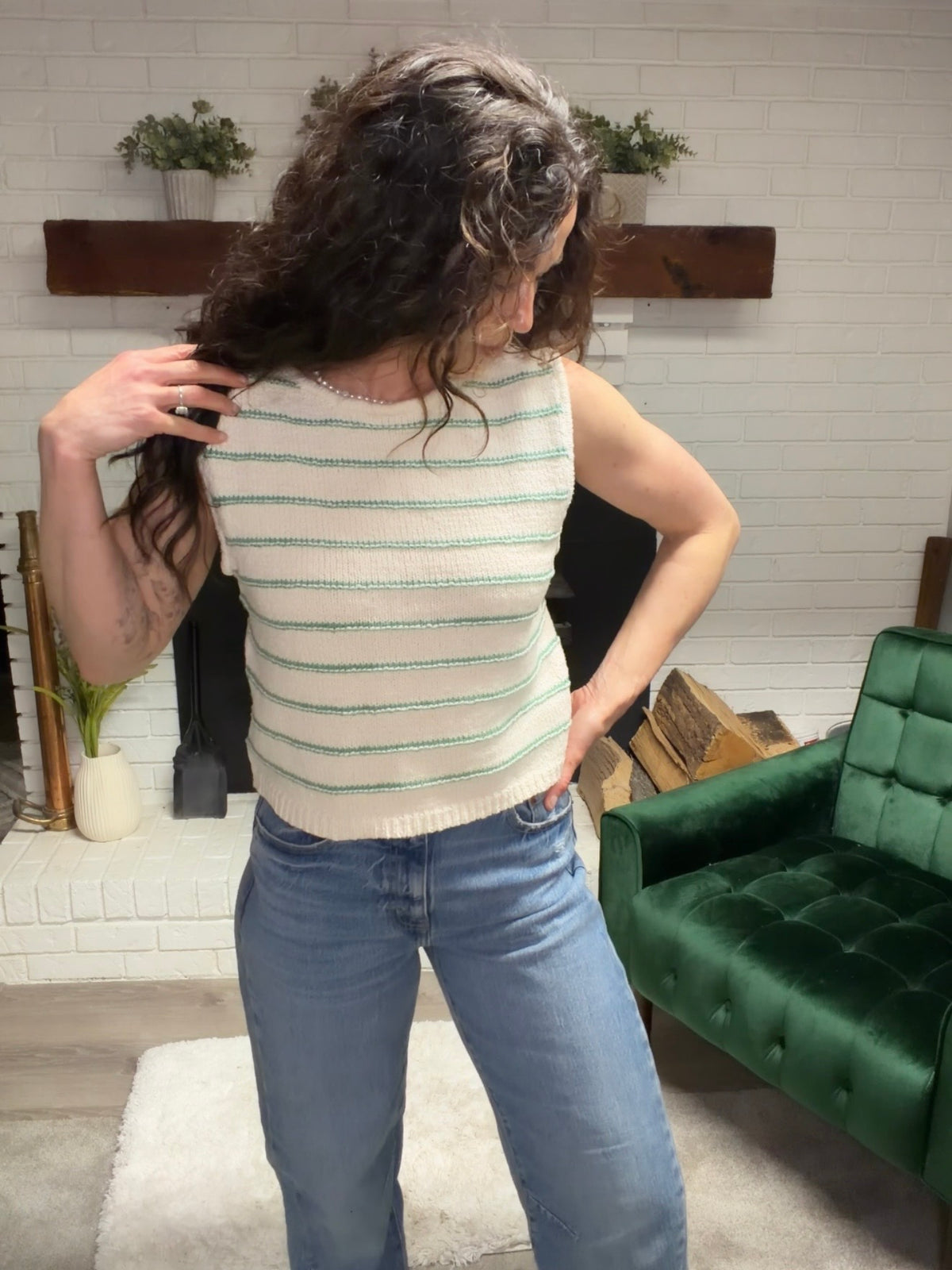 Cream & Green Striped Low Back Sleeveless Sweater