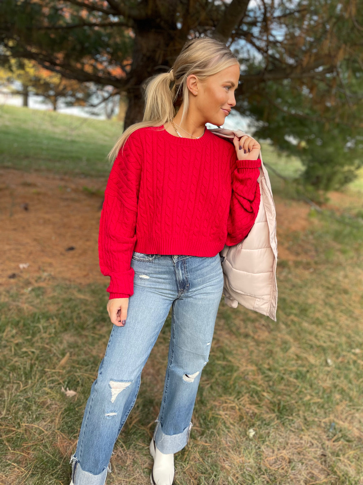Red Cropped Cable Knit Sweater lol