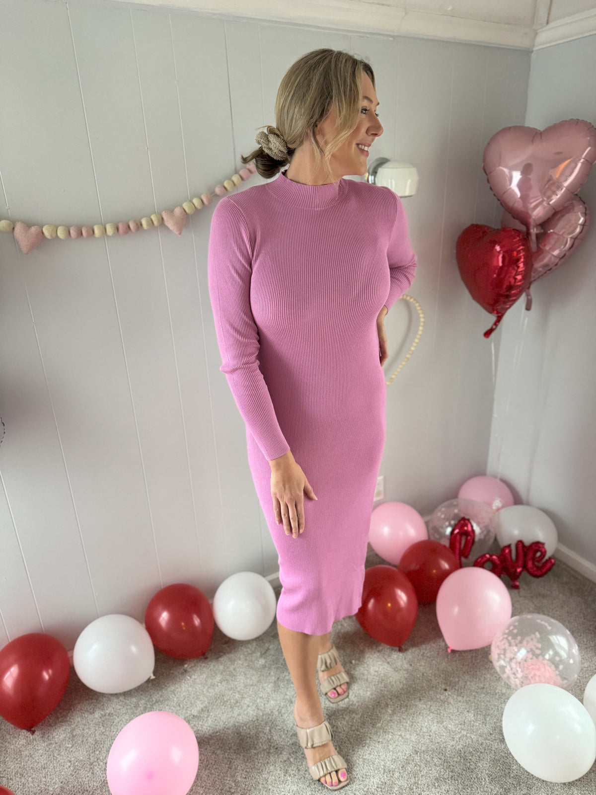 Pink Side Slit Fitted Midi Dress