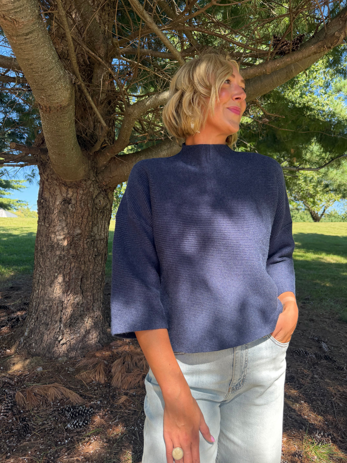 Navy Drop Shoulder 3/4 Length Sleeve Sweater
