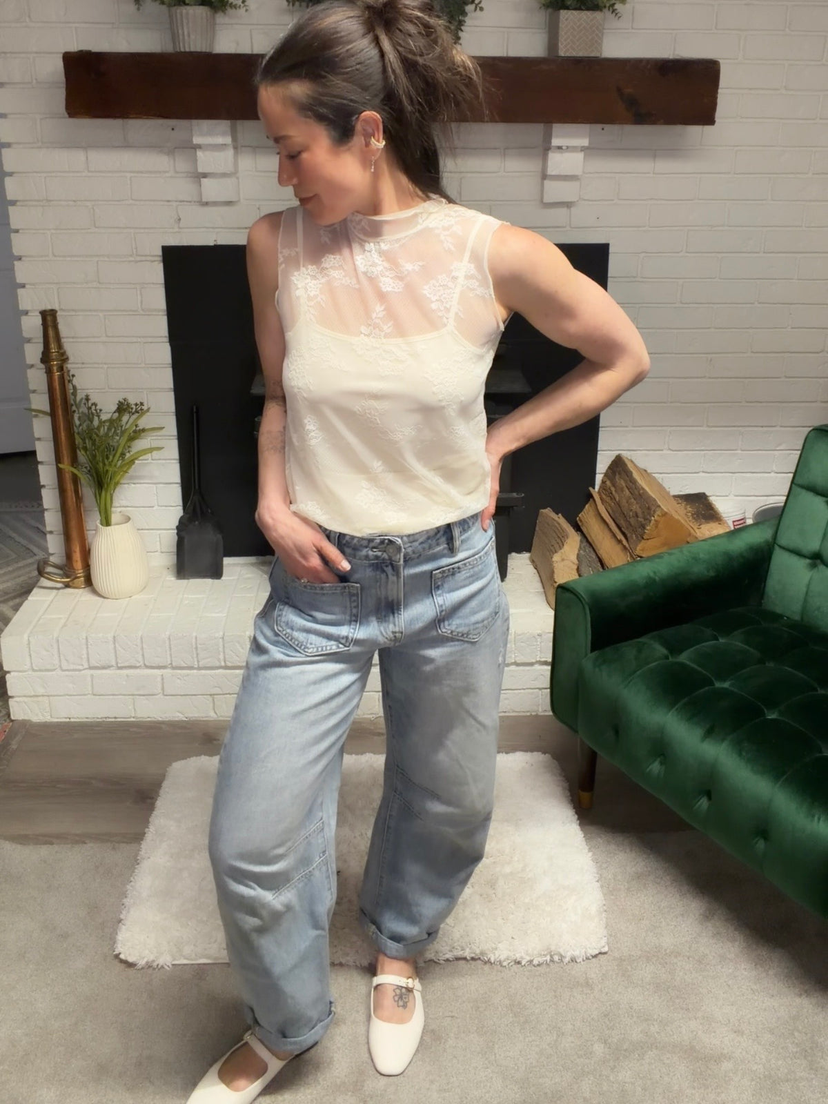 Cream Lace Overlay Sleeveless Top