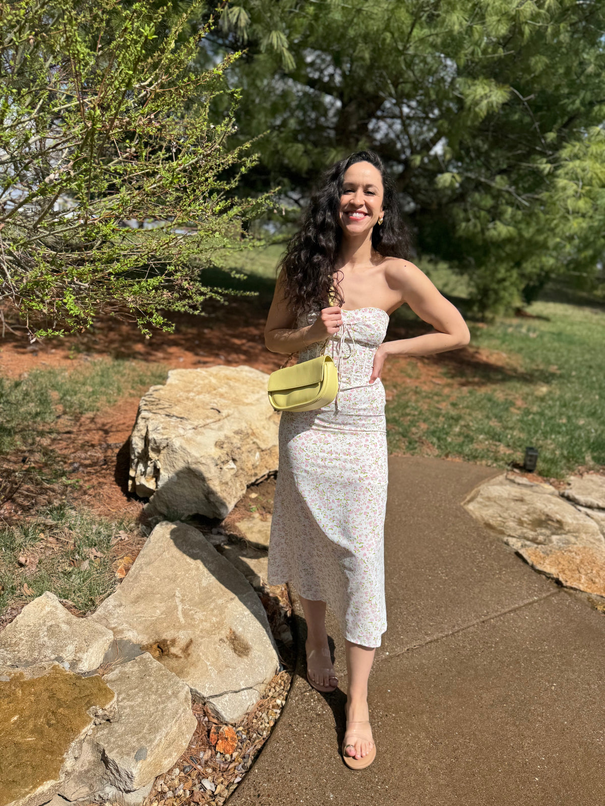 Pink Floral Print Strapless Midi Dress