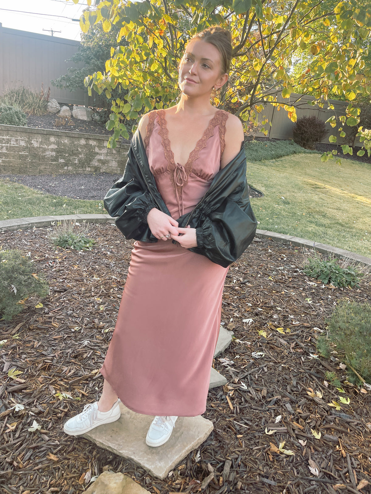 Rosey Brown Lace Trim Satin Dress