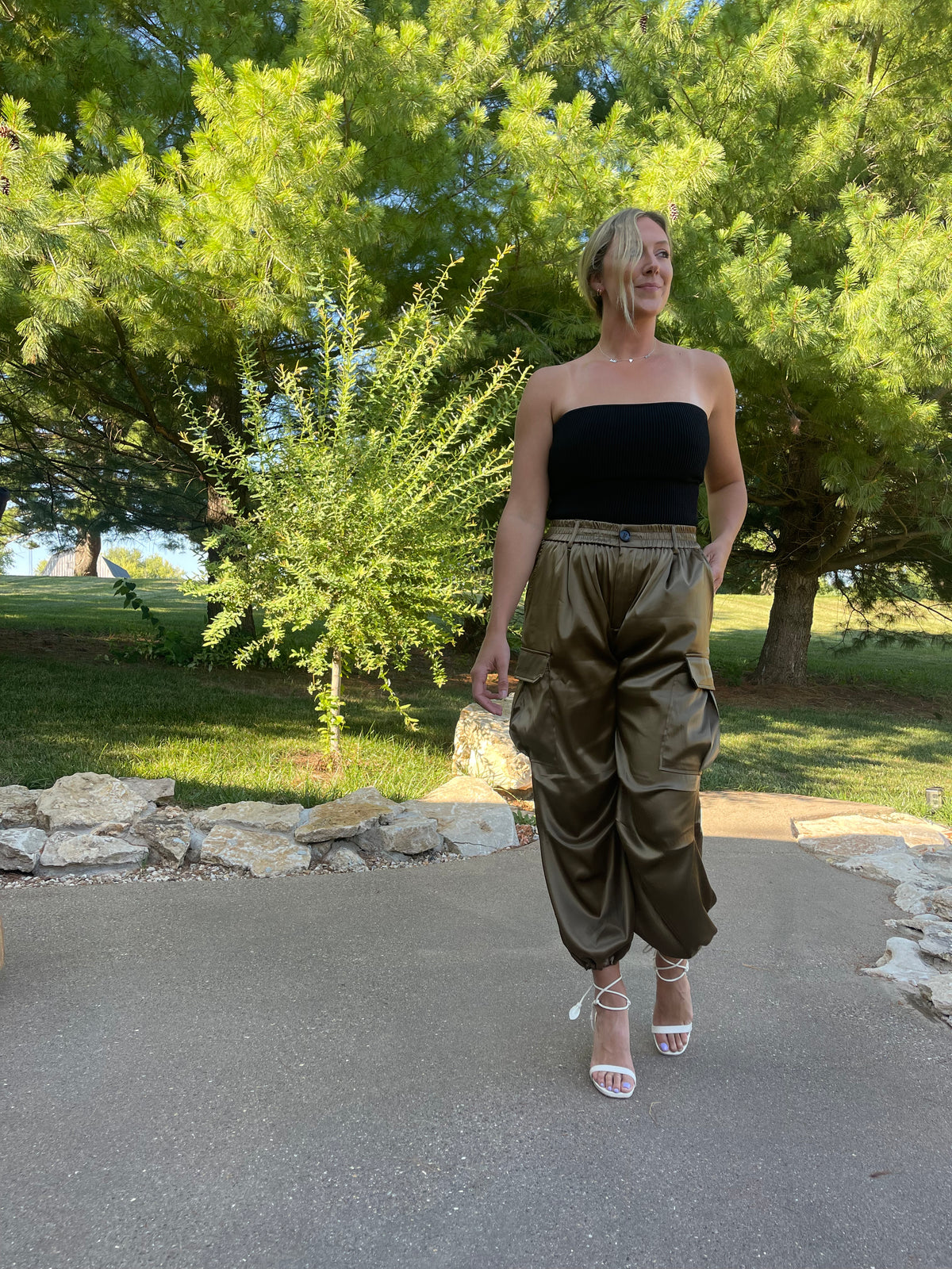 Olive Satin Parachute Cargo Pants
