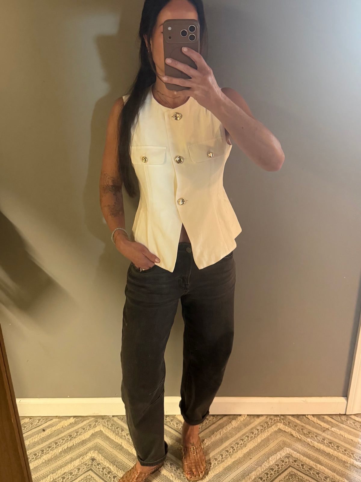 Cream Gold Button Detail Vest