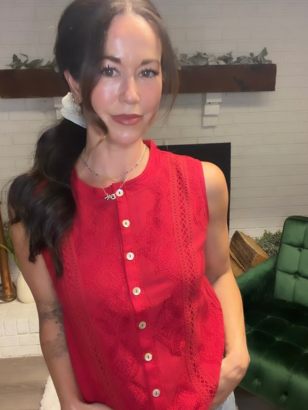 Red Lace Button Front Sleeveless Top